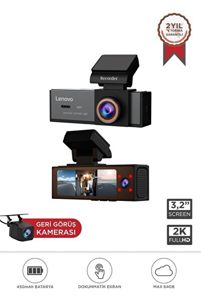 Lenovo Q7-7302 Siyah 1080P Wi-Fi Araç İçi Dokunmatik Ön İç ve Arka Araç Kamerası