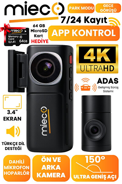Mieco A7 4K UHD WiFi ADAS 150 Derece Ultra Geniş Açı Gece Görüşü Ön - Arka Araç Kamerası 2025 - Hafıza Kartı Hediyeli