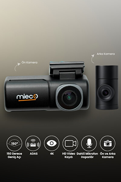 Mieco A7 4K UHD WiFi ADAS 150 Derece Ultra Geniş Açı Gece Görüşü Ön - Arka Araç Kamerası 2025 - Hafıza Kartı Hediyeli