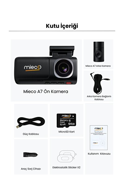Mieco A7 4K UHD WiFi ADAS 150 Derece Ultra Geniş Açı Gece Görüşü Ön - Arka Araç Kamerası 2025 - Hafıza Kartı Hediyeli