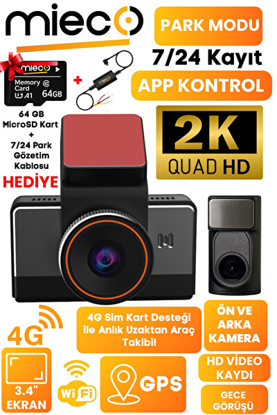 Mieco G4 2K QHD GPS 4G WiFi 140 Derece Geniş Açı Gece Görüşü Ön - Arka Kamera Sim Kartlı Araç Kamerası 2025 - Hafıza Kartı