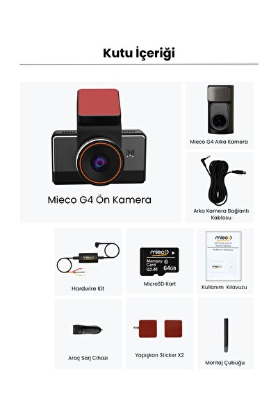 Mieco G4 2K QHD GPS 4G WiFi 140 Derece Geniş Açı Gece Görüşü Ön - Arka Kamera Sim Kartlı Araç Kamerası 2025 - Hafıza Kartı