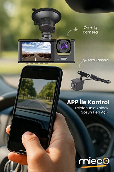 Mieco 1S WiFi 1920P FHD 170 Derece Ultra Geniş Açı Gece Görüşü ve G-Sensörü 2025 3 Kameralı Araç Kamerası