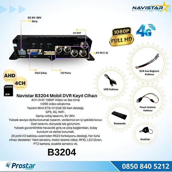 Navistar 4 Kanal AHD 1080P Harddisk ve SD kart Destekli Profesyonel Mobil DVR Kayıt Cihazı