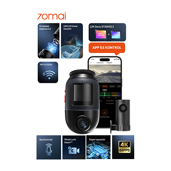 70Mai Dash Cam X800 Ön Kamera - 128 GB RC14 Siyah Arka Araç Kamerası