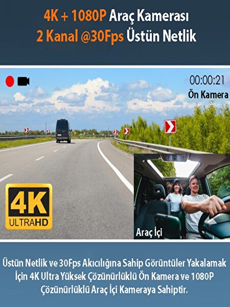 Rexing R316 4K GPS Wi-Fi Araç Kamerası - 64 GB SD Kart ve ACC Bağlantı Kiti