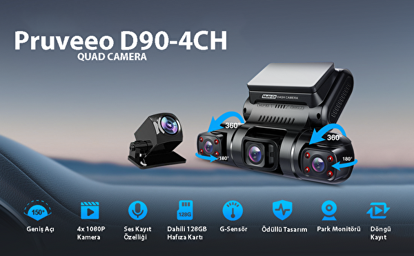 Pruveeo D90-4CH FHD Wi-Fi GPS - 128 GB SD Kart