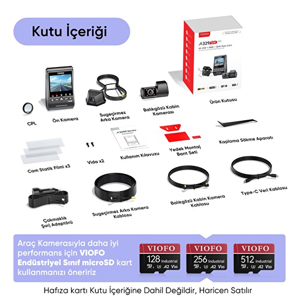 Viofo A329SW 3 Kameralı Ön-İç-Arka Dış Su Geçirmez 4K+2K+2K Sony Starvis 2 Sensör GPS'li Araç Kamerası