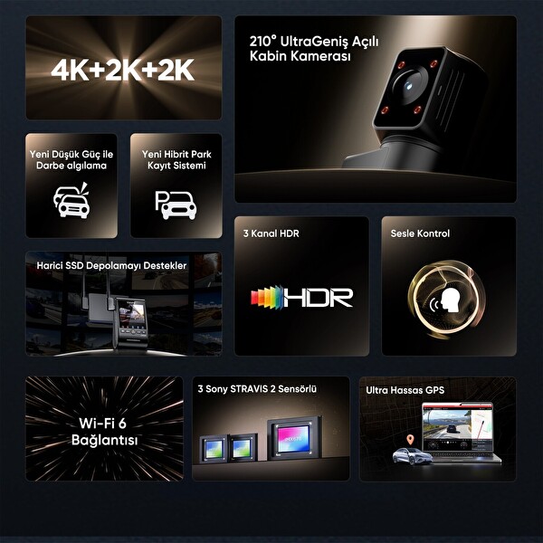 Viofo A329S 3 Kameralı Ön-Arka-İç 4K-2K-2K Wi-Fi 6 HDR Sony Stravis 2 Sensör GPS'li SSD Destekli Araç Kamerası