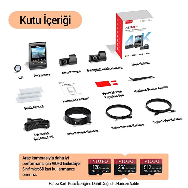 Viofo A329S 3 Kameralı Ön-Arka-İç 4K-2K-2K Wi-Fi 6 HDR Sony Stravis 2 Sensör GPS'li SSD Destekli Araç Kamerası
