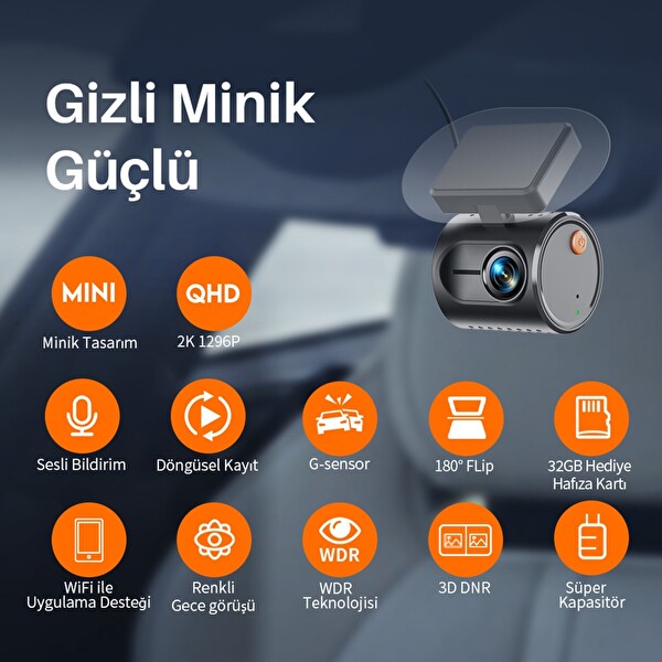 Kawa Mini 3 Gen2 2K 1296P WiFi 145 Derece Geniş Açı Gece Görüşlü 32GB Hafıza Kartlı Akıllı Araç Kamerası