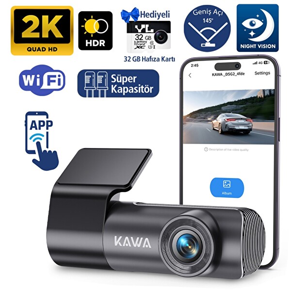 Kawa D5 Gen2 2K 1296P WiFi 145 Derece Geniş Açı Lens Gece Görüşlü 32GB Hafıza Kartlı Akıllı Araç Kamerası