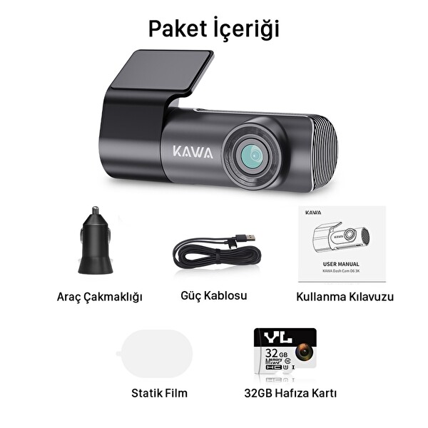 Kawa D5 Gen2 2K 1296P WiFi 145 Derece Geniş Açı Lens Gece Görüşlü 32GB Hafıza Kartlı Akıllı Araç Kamerası