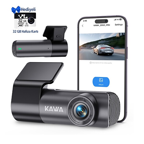 Kawa D5 Gen2 2K 1296P WiFi 145 Derece Geniş Açı Lens Gece Görüşlü 32GB Hafıza Kartlı Akıllı Araç Kamerası
