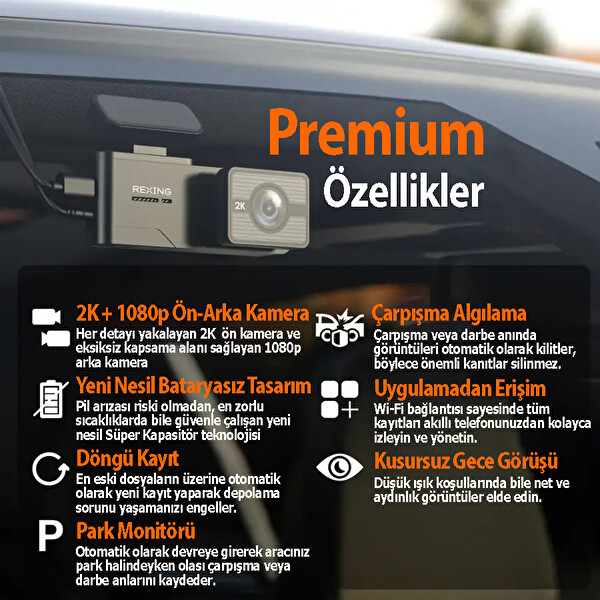 Rexing C2 2K+1080P WiFi Araç Kamerası - 32 GB SD Kart