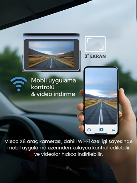 Mieco X8 Wifi 4K UHD 170° Ultra Geniş Açı ADAS Ön + Arka Araç Kamerası
