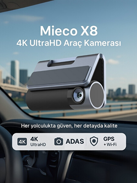 Mieco X8 Wifi 4K UHD 170° Ultra Geniş Açı ADAS Ön + Arka Araç Kamerası