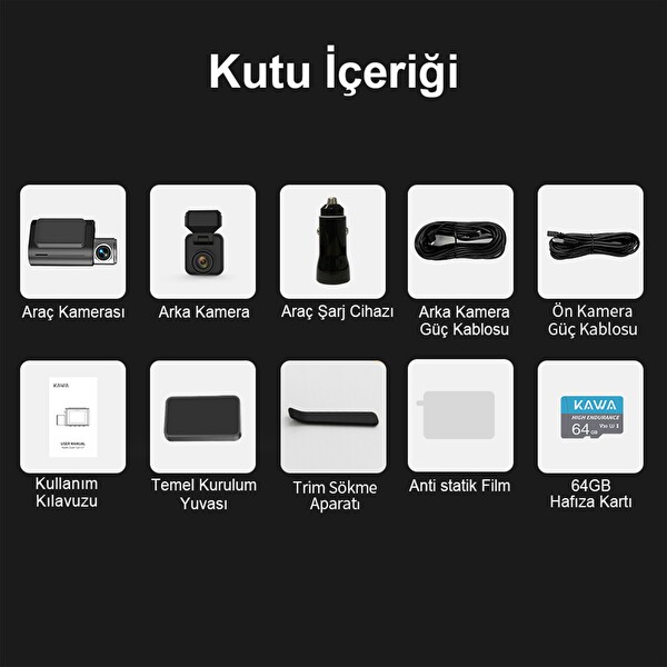 Kawa D7 2 Kameralı Ön ve Arka 4K+1080P HDR Wi-Fi 6 ve GPS'li Araç Kamerası - 64 GB Hafıza Kartı