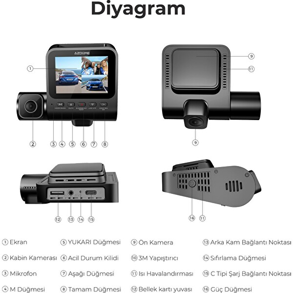 Azdome V600 1080P 3 Kameralı Gece Görüşlü G-Sensör Geri Görüş Kameralı Su Geçirmez Yol Kayıt Araç İçi Kamera