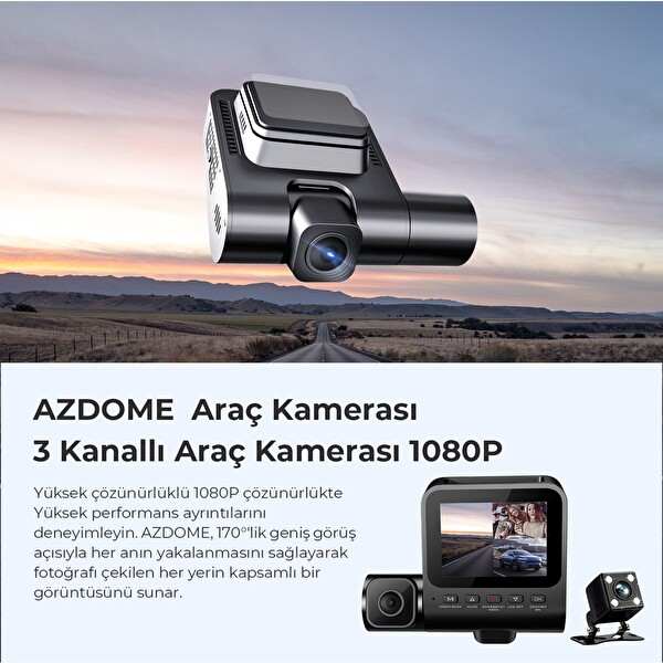 Azdome V600 1080P 3 Kameralı Gece Görüşlü G-Sensör Geri Görüş Kameralı Su Geçirmez Yol Kayıt Araç İçi Kamera