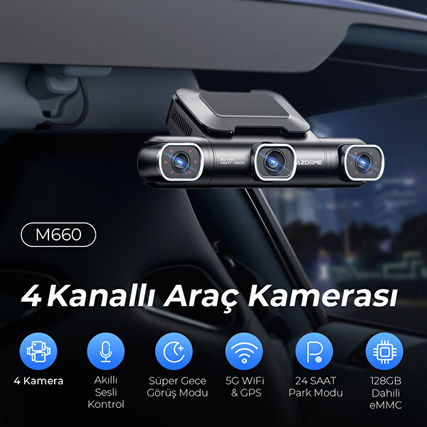 Azdome M660 4K 4 Kameralı 360 Derece Çekim 128GB Akıllı Araç Kamerası
