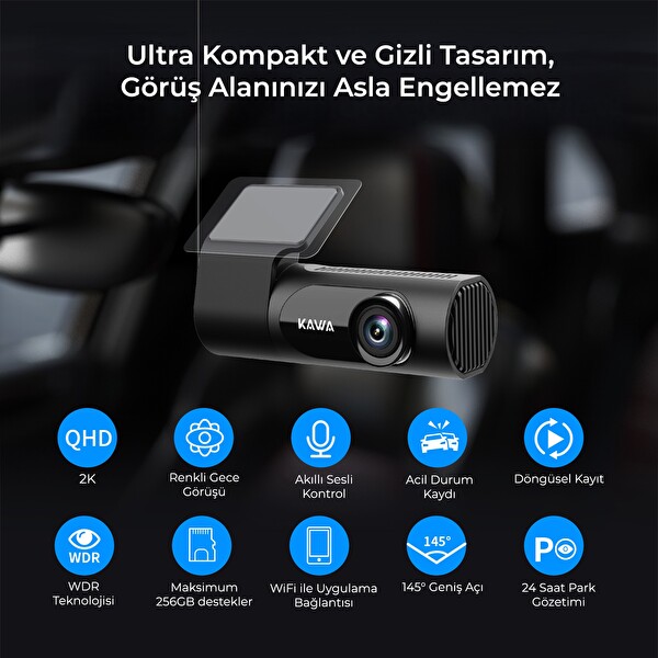 Kawa D6 2K 1440P WiFi Araç Kamerası 145 Derece Geniş Açı WDR Ön Kamera