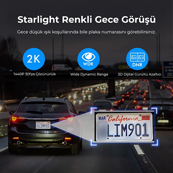 Kawa D6 2K 1440P WiFi Araç Kamerası 145 Derece Geniş Açı WDR Ön Kamera