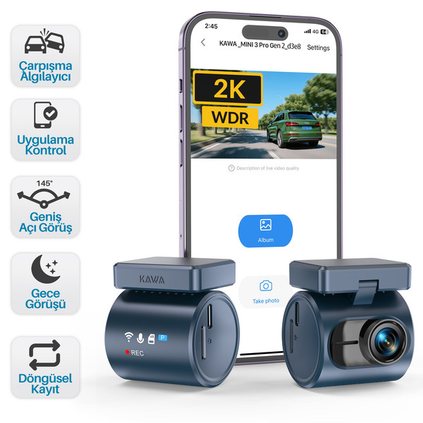 Kawa Mini 3 Pro Gen2 2K 1296P WDR 145 Derece Geniş Açı Lens WiFi Araç Kamerası - 32 GB Hafıza Kartı