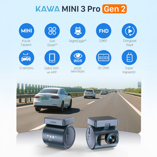 Kawa Mini 3 Pro Gen2 2K 1296P WDR 145 Derece Geniş Açı Lens WiFi Araç Kamerası - 32 GB Hafıza Kartı