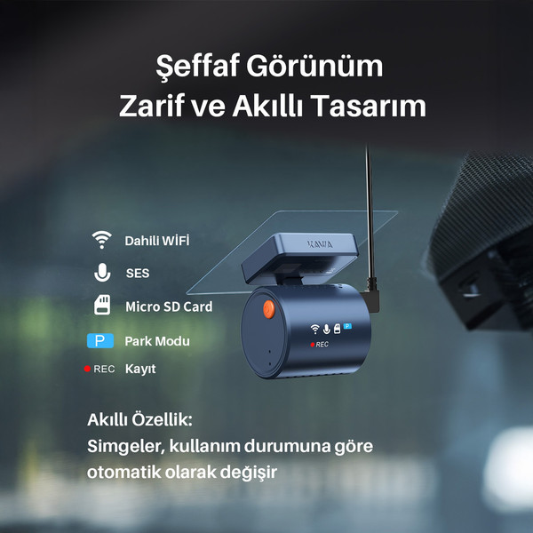 Kawa Mini 3 Pro Gen2 2K 1296P WDR 145 Derece Geniş Açı Lens WiFi Araç Kamerası - 32 GB Hafıza Kartı