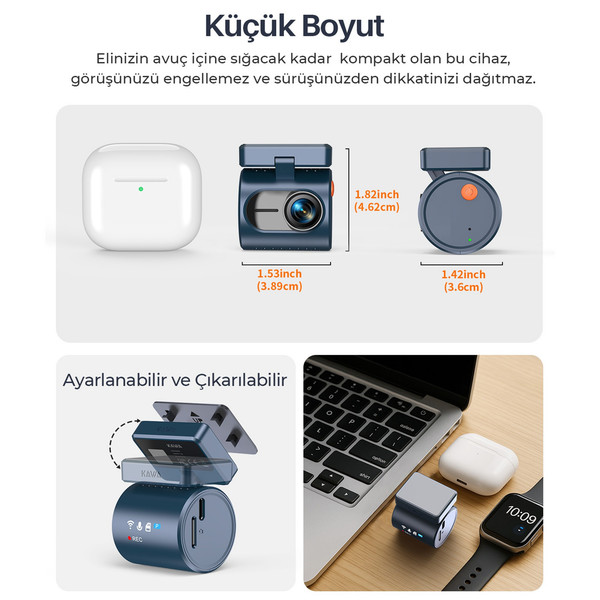 Kawa Mini 3 Pro Gen2 2K 1296P WDR 145 Derece Geniş Açı Lens WiFi Araç Kamerası - 32 GB Hafıza Kartı