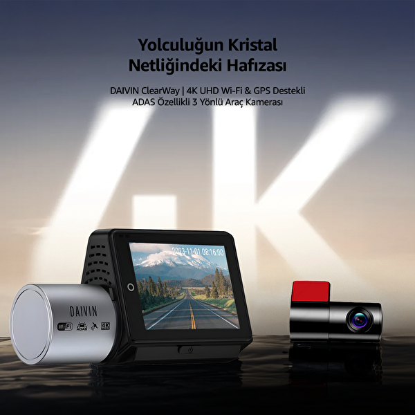 Daivin A6M 4K Qhd Wifi Adas 170° Ultra Geniş Açılı Gece Görüşlü Ön ve Arka Araç İçi Kamera