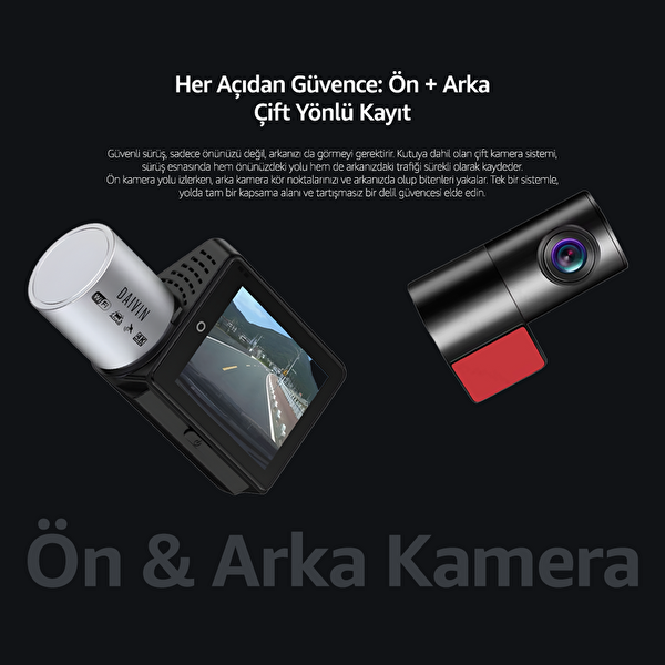 Daivin A6M 4K Qhd Wifi Adas 170° Ultra Geniş Açılı Gece Görüşlü Ön ve Arka Araç İçi Kamera