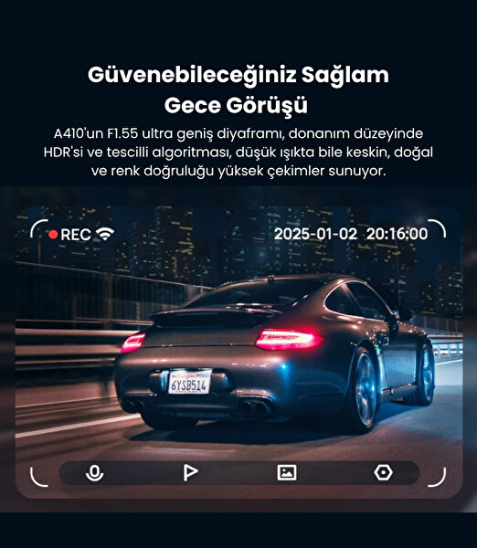 70Mai 2.5k Araç Kamerası A410 Ön Kamera ( Sadece Ön Kamera ) Süper Gece Görüşü F1.55 Wi-Fi Dahili