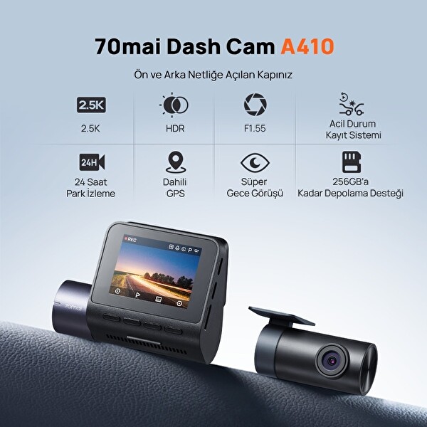 70Mai 2.5k Araç Kamerası A410 Ön Kamera ( Sadece Ön Kamera ) Süper Gece Görüşü F1.55 Wi-Fi Dahili