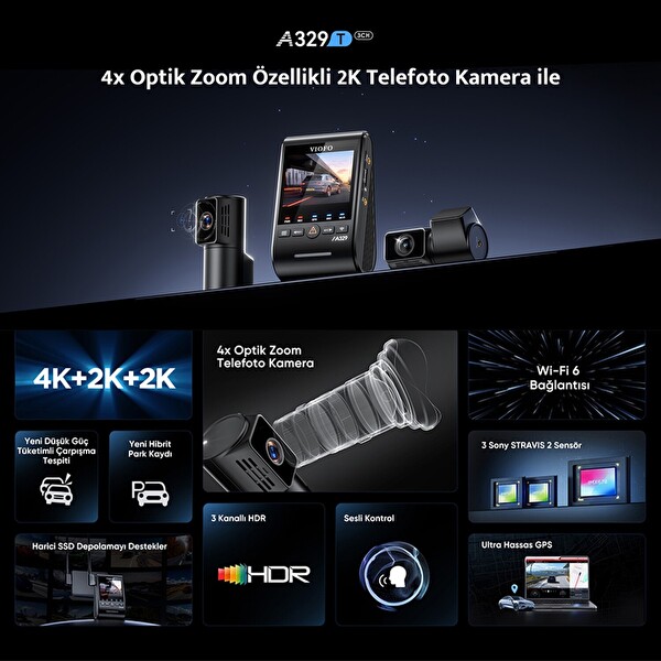 Viofo A329T 3 Kameralı Ön+Telefoto+Arka 4K+2K+2K Wi-Fi 6 HDR Sony STARVIS 2 Sensör GPS'li SSD Destekli Araç Kamerası