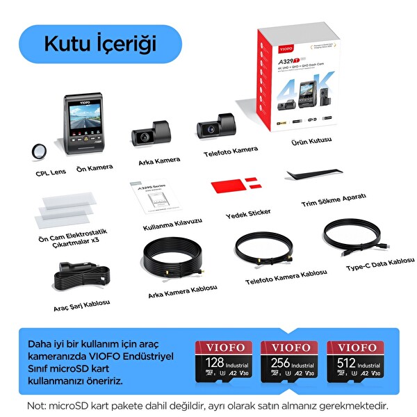 Viofo A329T 3 Kameralı Ön+Telefoto+Arka 4K+2K+2K Wi-Fi 6 HDR Sony STARVIS 2 Sensör GPS'li SSD Destekli Araç Kamerası