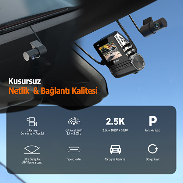 Rexing RH2 3 Kameralı 4K - 1080P - 1080P WiFi Araç Kamerası - 64 GB SD Kart