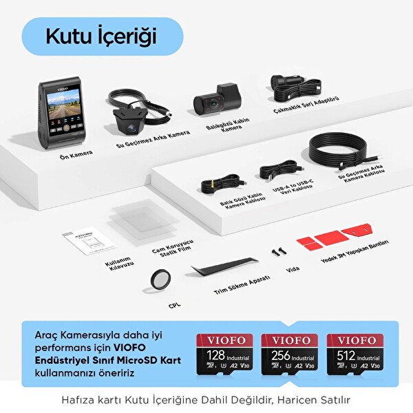 Viofo A229 Ultra 3 Kameralı Ön+İç+Arka Dış Su Geçirmez 4K+4K+1080P Sony Starvis 2 Sensörlü HDR Wi-Fi 6 GPS'li Araç Kamerası