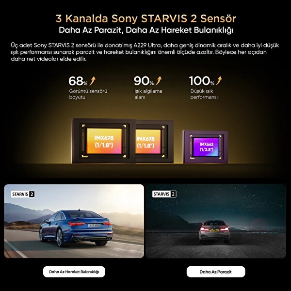 Viofo A229 Ultra 3 Kameralı Ön-İç-Arka 4K+4K+1080P 2 Sensörlü HDR Wi-Fi 6 GPS'li Sony Starvis Araç Kamerası