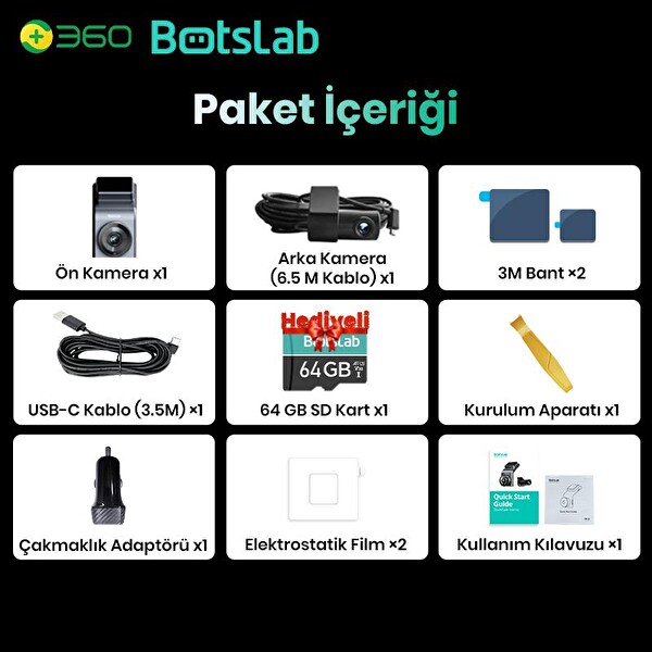 360+ Botslab G300H Plus WDR 4K UHD Ön-Arka WiFi-GPS 170° Geniş Açı Gece Görüşlü Araç İçi Kamera Araç Kamerası
