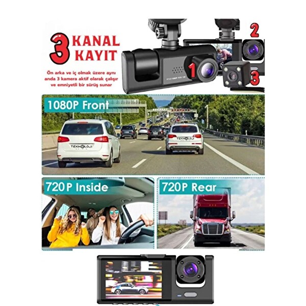ScHitec Trafik Kaydedici Dikiz Aynası Üç Kameralı 170° Geniş Açı Full HD 1080P Araç İçi Kamera C309