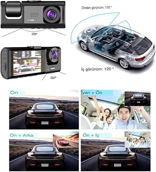 ScHitec Trafik Kaydedici Dikiz Aynası Üç Kameralı 170° Geniş Açı Full HD 1080P Araç İçi Kamera C309