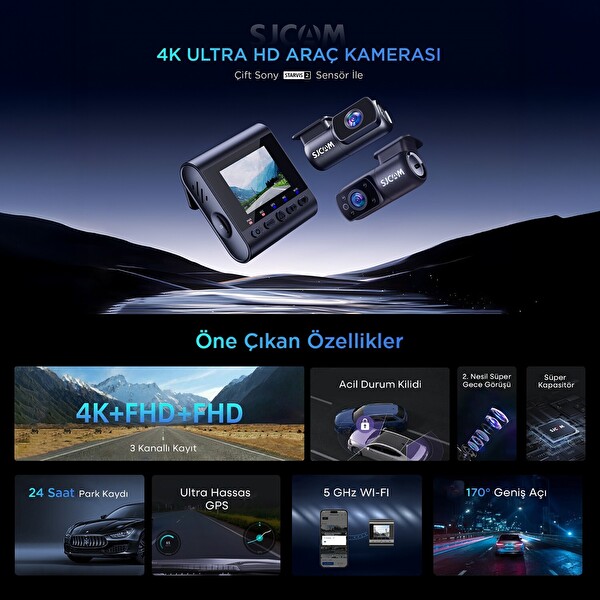 Sjcam M60 3 Kameralı Ön - İç - Arka 4K FHD - FHD HDR Sony Starvis 2 Sensörlü Wi-Fi GPS'li Araç Kamerası