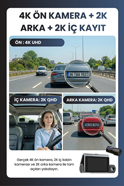 Mieco X18 Wi-Fi 4K UHD 170° Ultra Geniş Açı ADAS G-Sensör 3 Kameralı Araç Kamerası