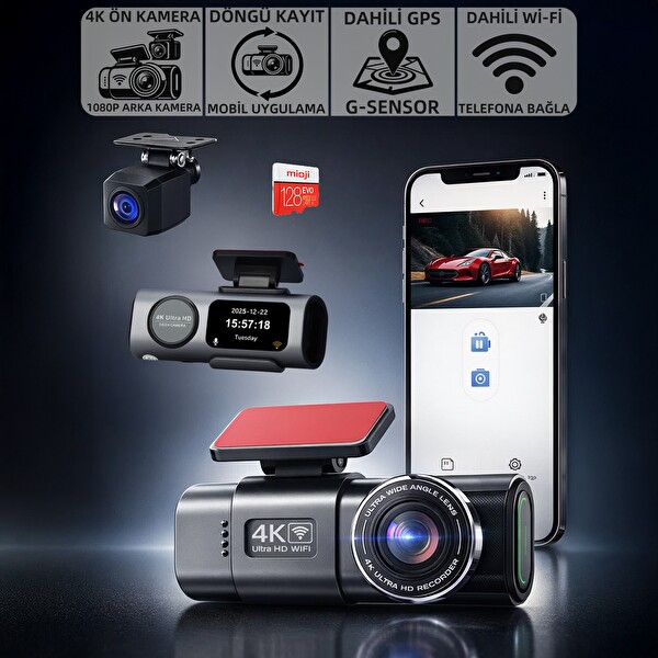 Mioji Mio G300 Plus 4K GPS G-Sensör Gece Görüşlü Wifi Arka-Ön Araç İçi Kamerası 128 GB Hafıza Kartı Hediye