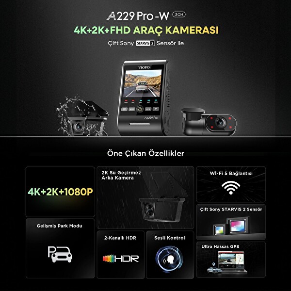 Viofo A229 Pro W 3 Kameralı Ön-Arka-İç Su Geçirmez 4K+2K+1080P Sony Starvis 2 Sensör GPS'li Araç Kamerası