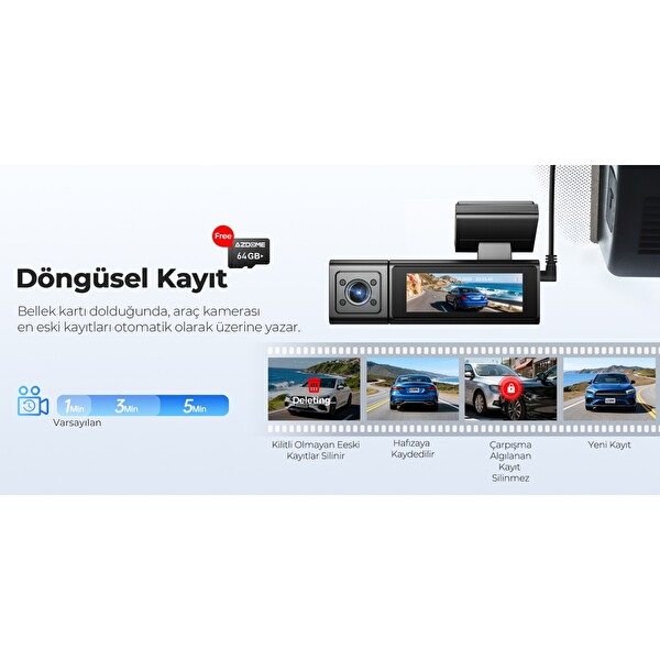 Azdome M500 4K 3 Kameralı Araç İçi Kamera