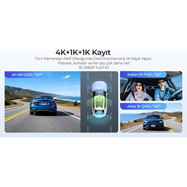 Azdome M500 4K 3 Kameralı Araç İçi Kamera