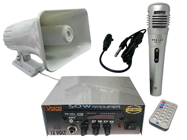 Electroon 12V USB Amfi50W Horn Hoparlör Mikrofon Pazarcı Ses Sistemi Takım Set